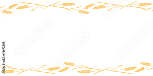 Vector Background, frame made of golden wheat or rye ears in flat style. Horizontal top and bottom edging, border, decoration on theme of bakery products, flour, harvest, thanksgiving