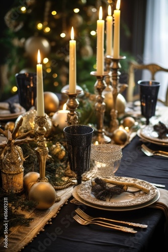 elegant christmas table setting with candles, created with generative ai