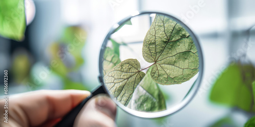 Innovative scientist studies grape leaf using magnifying glass at biotech lab, with advanced microscopy and plant pathology databases for early disease detection. Generative AI