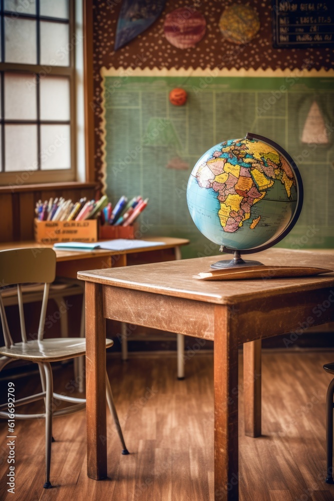 classroom globe on a wooden table with map background, created with generative ai classroom globe on a wooden table with map background, created with generative ai