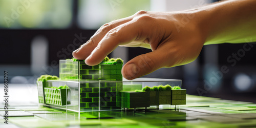 Creating sustainable architectural models using holographic blocks in an eco-friendly design lab, displaying advanced green construction and urban solutions. Generative AI photo