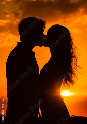 Young couple, man and woman kissing - only their silhouettes visible against orange sunset sky. Generative AI