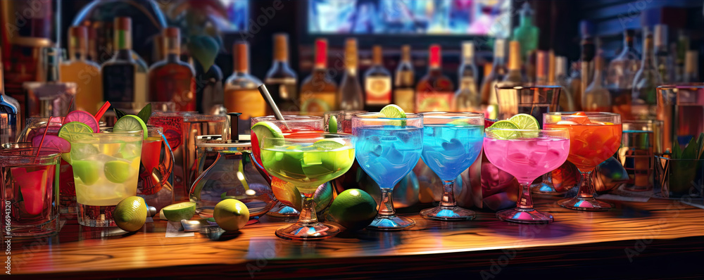 Many colour drinks on the bar. generative ai