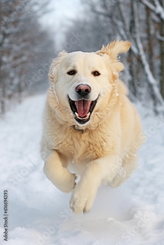 snow-covered dog playfully running in winter, created with generative ai