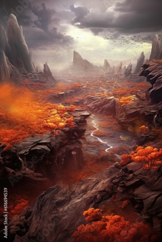 dramatic volcanic landscape with smoke and lava, created with generative ai