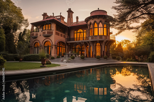 Old mansion in the sunset