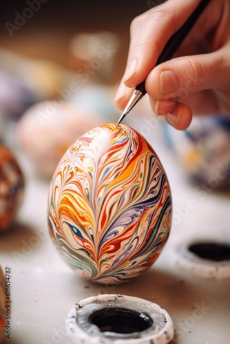 close-up of easter egg decoration process with paints, created with generative ai