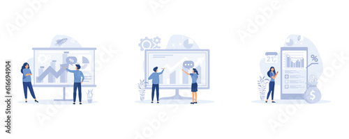 Characters investing money in stock market. charts and diagrams and other data. flat modern vector illustration