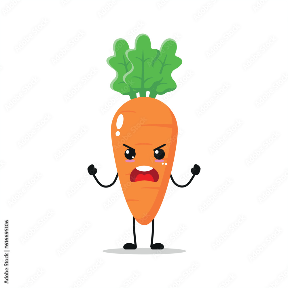 Cute angry carrot character. Funny mad carrot cartoon emoticon in flat