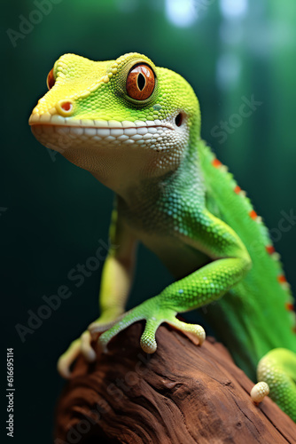 Green gecko looking into camera