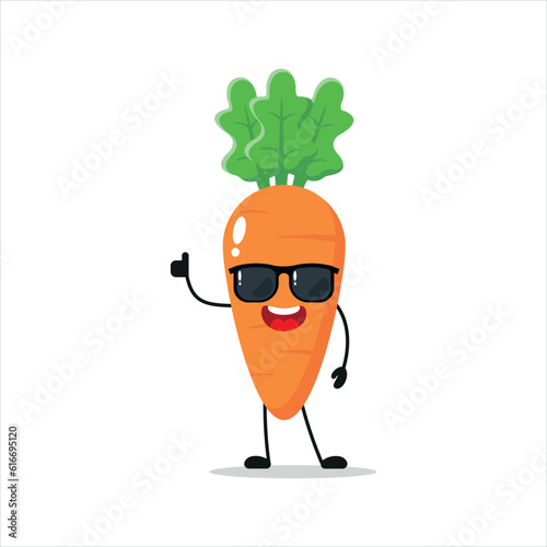 Cute happy carrot character wear sunglasses. Funny carrot greet friend cartoon emoticon in flat style. vegetable emoji vector illustration