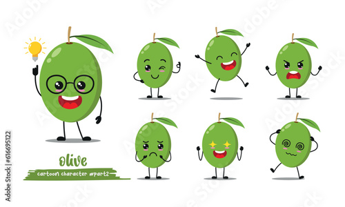 cute green olive cartoon with many expressions. fruit different activity pose vector illustration flat design set.