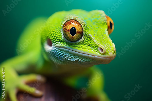 Green gecko looking into camera