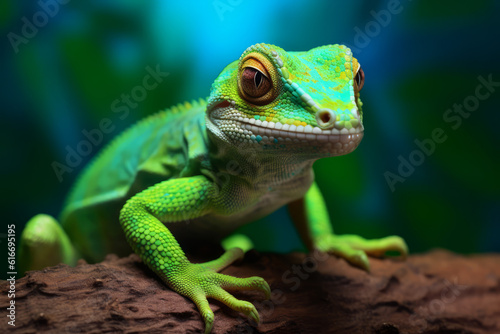 Green gecko looking into camera