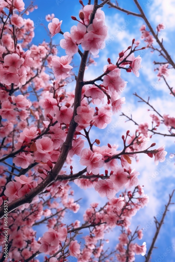 blooming cherry blossom branches against sky, created with generative ai blooming cherry blossom branches against sky, created with generative ai