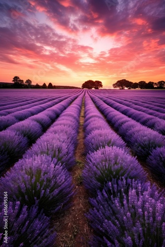 lavender field with soft sunset light in background  created with generative ai