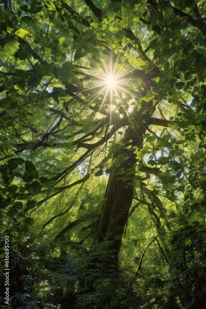 Obraz premium sunlight streaming through dense tree canopy, created with generative ai