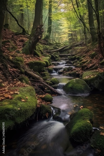 long exposure of a serene forest stream, created with generative ai