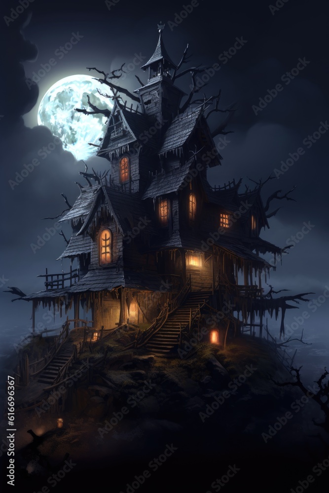 spooky haunted house with fog and moonlit night, created with generative ai