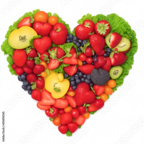 heart shape using fruits and vegetables  on white background