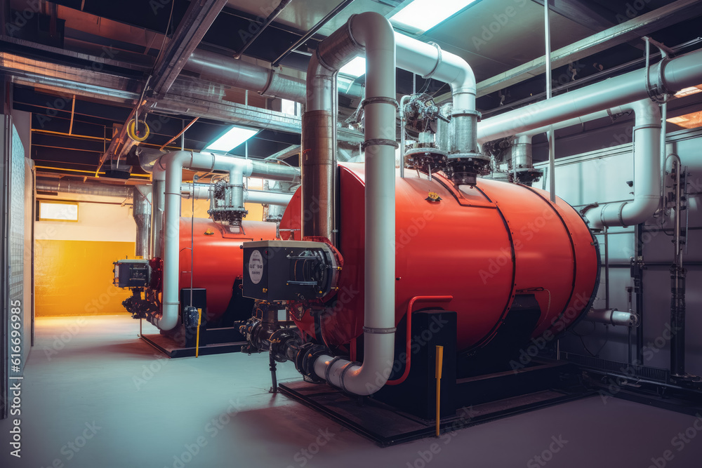 Interior of modern industrial boiler room - large metal tanks and pipes, heat generation industry concept. Generative AI Interior of modern industrial boiler room - large metal tanks and pipes, heat generation industry concept. Generative AI