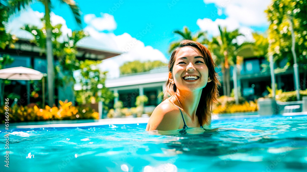 プールを楽しむ水着の日本人女性 Generative AI
