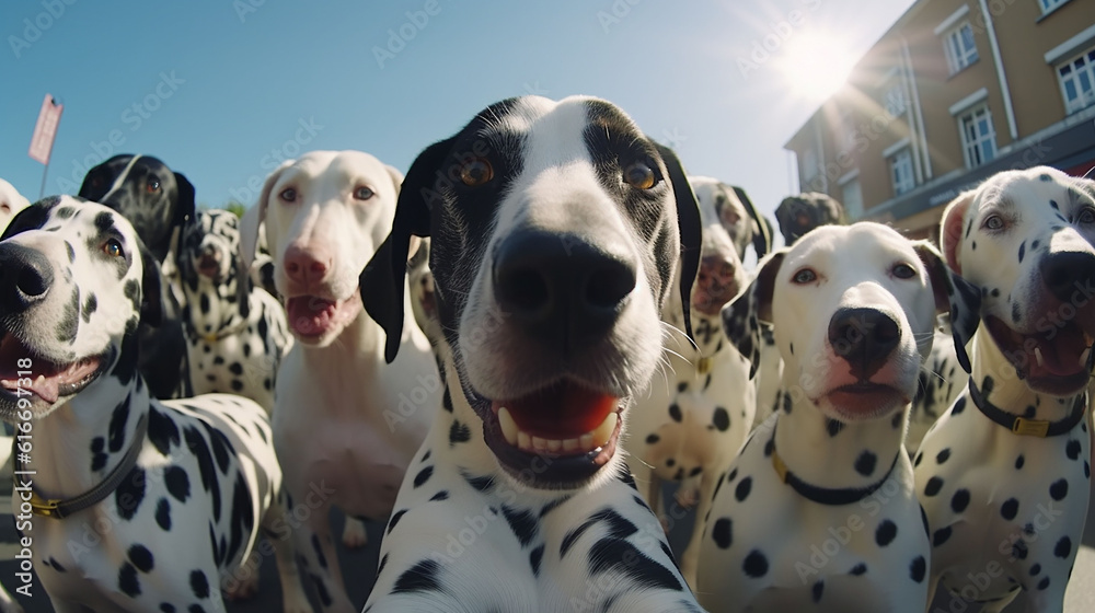 group of funny Dalmatian making selfie standing upright and looking attentively at the camera ai generated art, Generative Ai