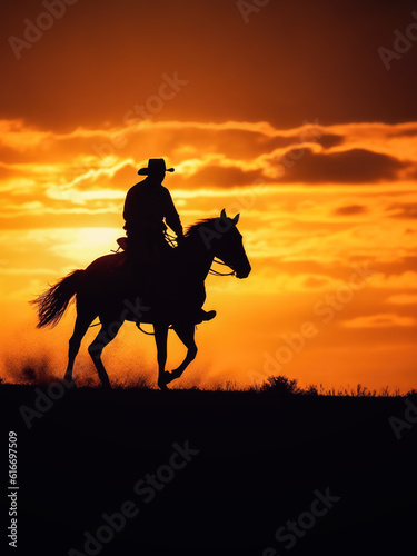 Cowboy riding a horse into sunset, only silhouette visible against orange sky. Copy space in lower dark part. Generative AI © Lubo Ivanko