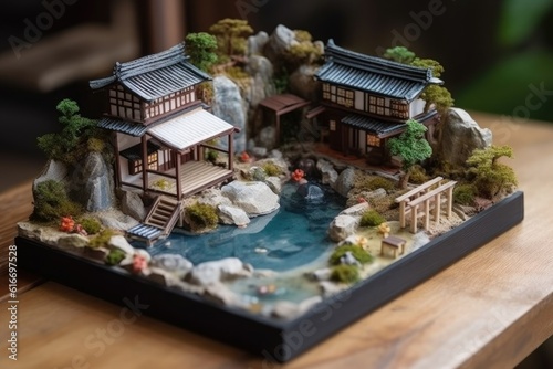 Diorama of Japanese garden. Hot spring, toy holiday home. Miniature of Japanese resort created with Generative AI Technology