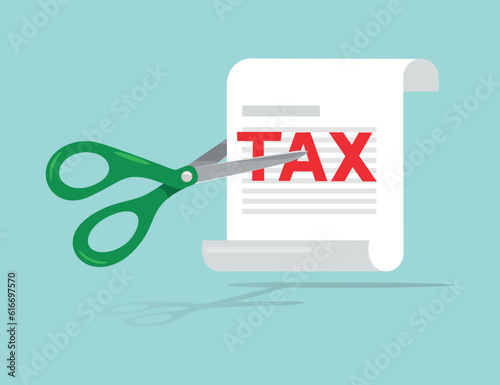 Scissors cutting big tax letter, illustration vector cartoon