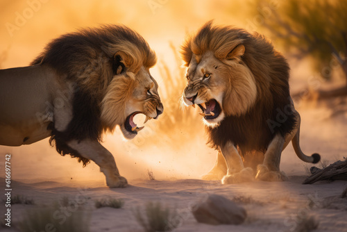 Two male lions fight over either territory or the right to mate with a nearby female. These fights can sometimes end in death.
