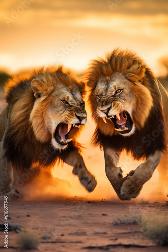 Two male lions fight over either territory or the right to mate with a nearby female. These fights can sometimes end in death. © Guido Amrein