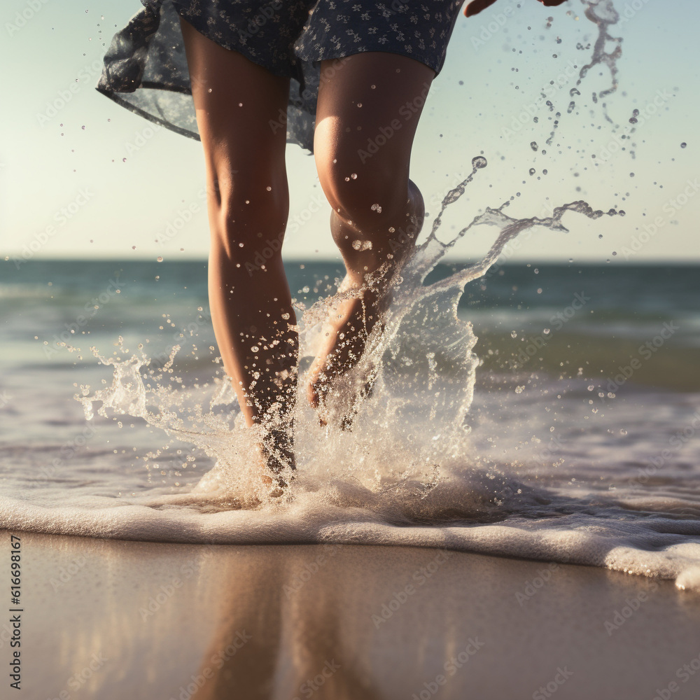 Fototapeta premium Woman walking on the beach, generative AI