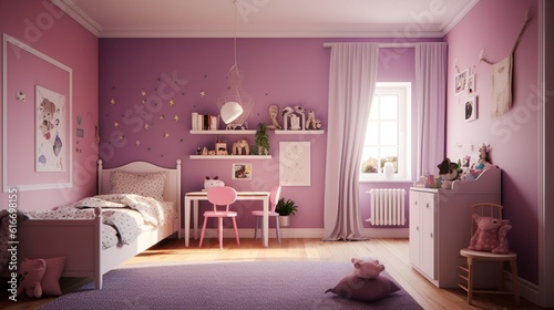 Childrens room with pink pastel colors. Generative AI.