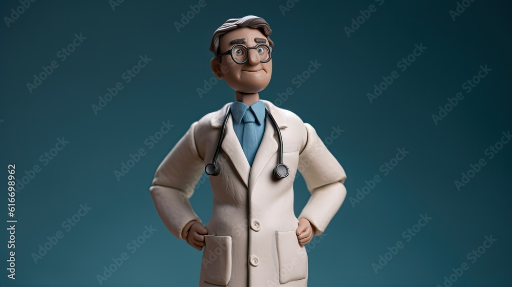 Doctor in plasticine style. Toy man in white coat. Medicine and science. Miniature funny hospital worker created with Generative AI Technology