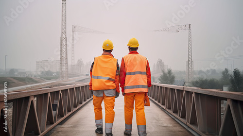 Workers are building bridge. Two engineers in yellow uniforms are standing at construction site, rear view. Industry and production concept created with Generative AI Technology photo