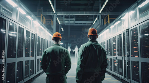 Two workers in uniform are standing in server room. Computer equipment and technical service personnel. Database storage. Long corridor with cabinets created with Generative AI Technology © Taras