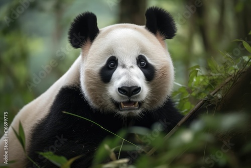 Giant panda close up portrait in bamboo forest