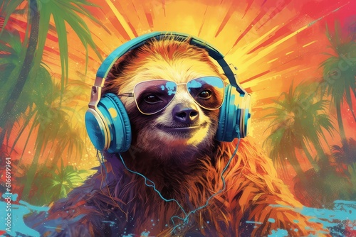 Cool sloth wears sunglasses and  headphones