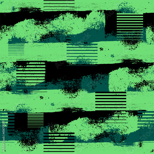 Abstract seamless grunge pattern with brush track silhouette. Green grungy textured print for sport textile and boy clothes. Wrapping paper. Repeated texture wallpaper with chequer and lines.