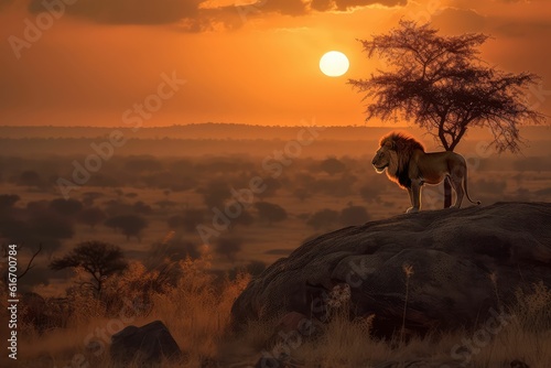 Sunset and lion in silhouette