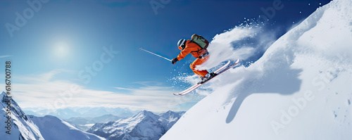 Freeride skiing skier jumping. generative ai photo