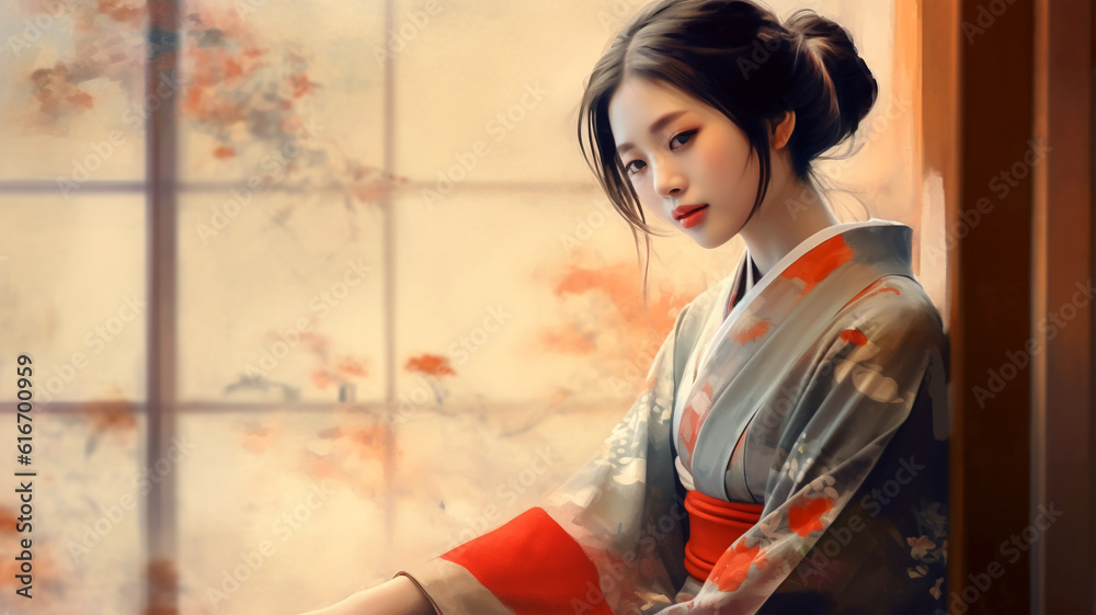 Fototapeta premium Portrait painting of a Japanese model in kimono, for advertising, beauty salons and massage studios