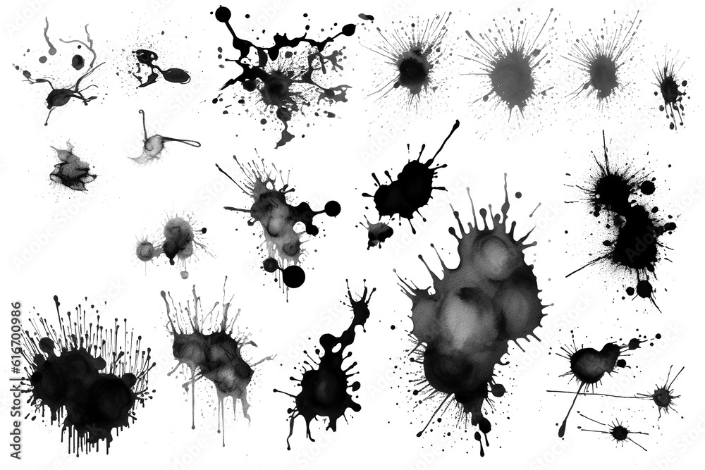 Collection of detailed ink splats isolated on transparent or white background, png - obrazy, fototapety, plakaty 