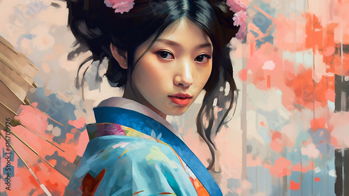 Portrait painting of a Japanese model in kimono, for advertising, beauty salons and massage studios