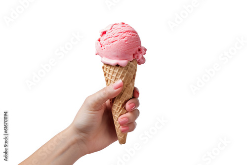 Female hand holding strawberry ice cream cone, isolated on transparent or white background, png