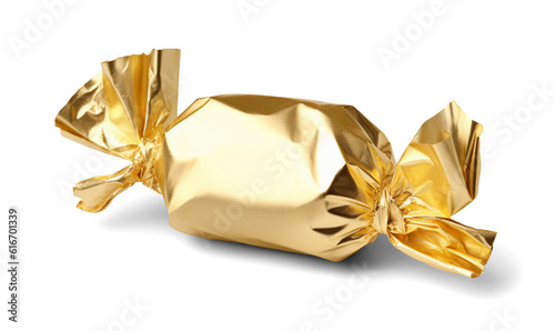 Golden candy wrapper isolated on transparent or white background, png photo