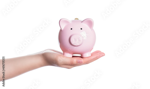 Hand holding pink piggy bank isolated on transparent or white background, png