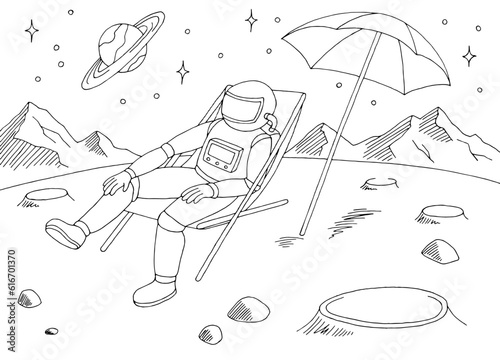 Astronaut is sitting in a sun lounger alien planet graphic black white space landscape sketch illustration vector