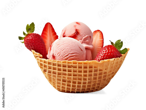 Fototapeta Strawberry ice cream in waffle basket isolated on transparent or white backgroun